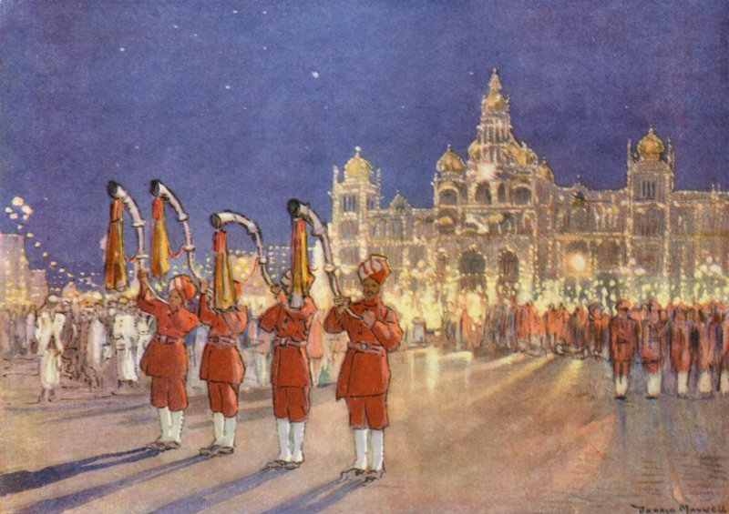 Vítání v Mysore (barevná litografie) od Donald (after) Maxwell