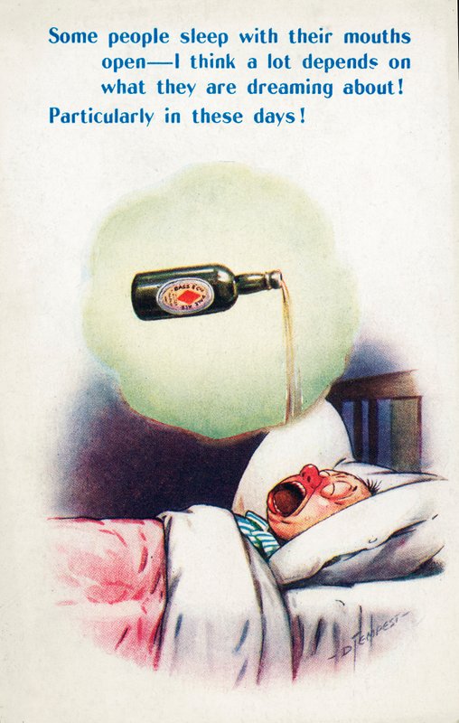 Alkoholismus: muž spí s otevřenými ústy a sní o pivu (barevná litografie) od Douglas Tempest