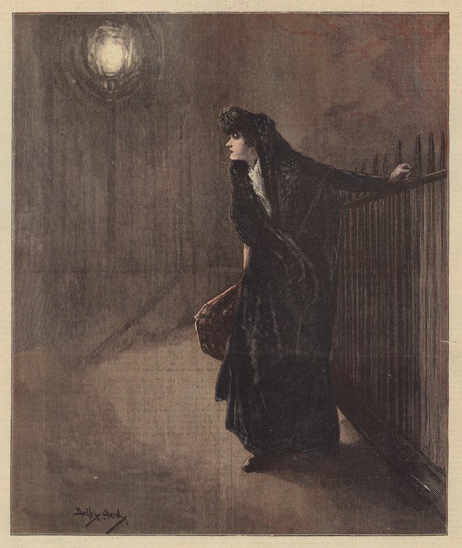 Carrie se chvěla, když se držela jinovatkaného zábradlí (barva litho) od Dudley Hardy