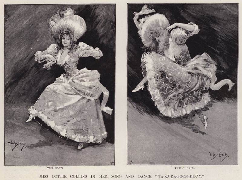 Anglická hudební zpěvačka a tanečnice Lottie Collins předvádí svou populární píseň Ta-Ra-Ra-Boom-De-Ay (litho) od Dudley Hardy
