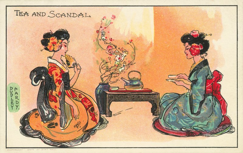 Čaj a skandál: dvě Japonky pijí čaj (barva litho) od Dudley Hardy