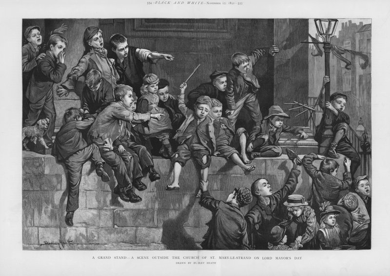 Velký stánek - scéna před kostelem St Mary-le-Strand, Londýn, na Den primátora (litho) od Dudley Heath