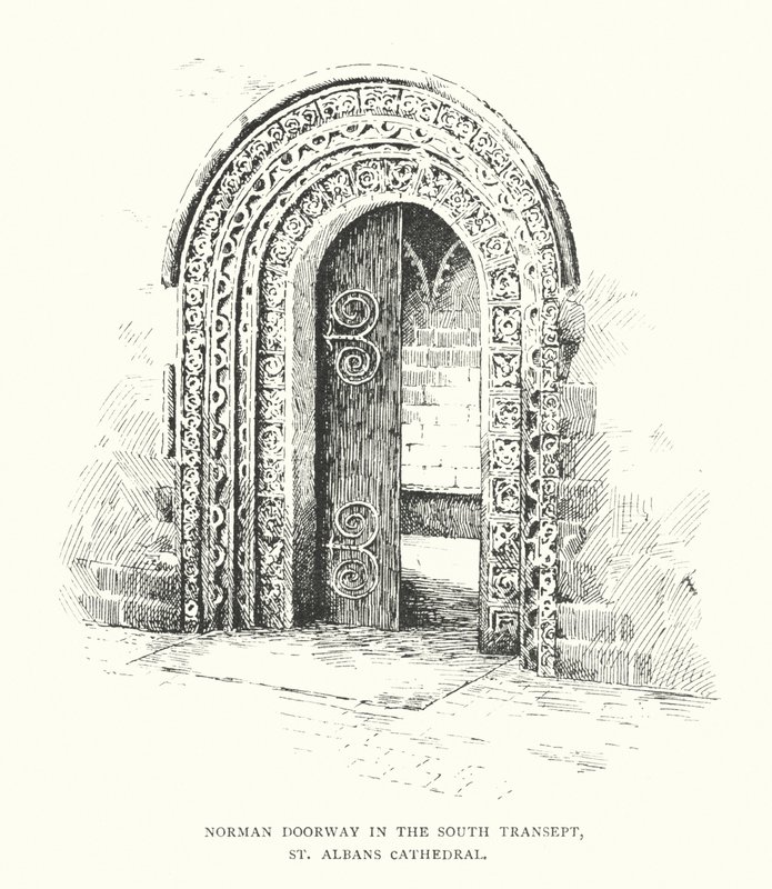 Normanské dveře v jižní příčné lodi, katedrála v St Albans (litografie) od Duncan Moul