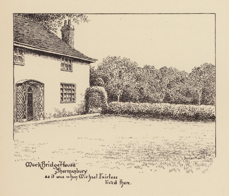 Sussex: Mock Bridge House, Shermanbury, jak vypadal, když v něm žil Michael Fairless (litografie) od Duncan Moul