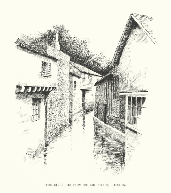 Řeka Hiz z Bridge Street, Hitchin (litografie) od Duncan Moul