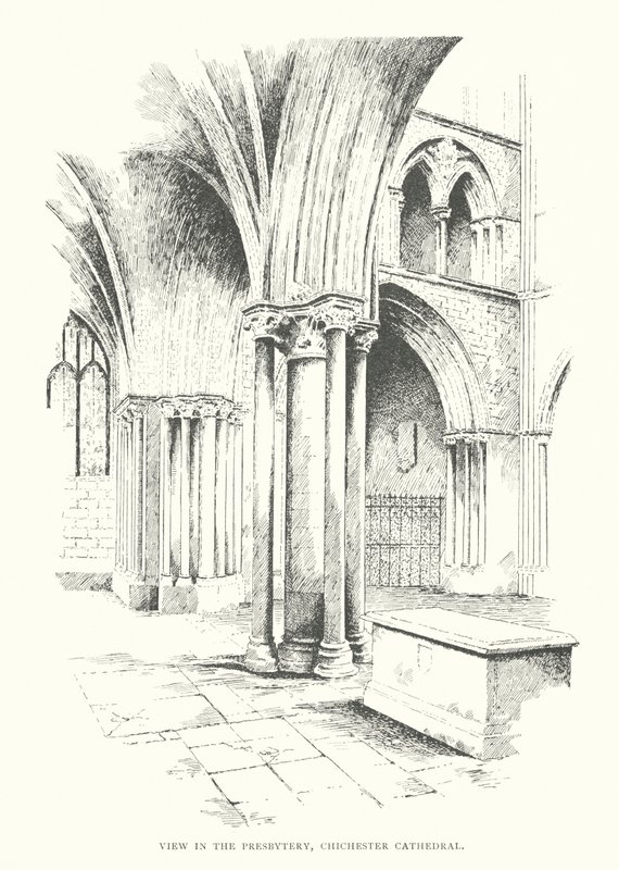 Pohled do presbytáře, Chichesterská katedrála (litografie) od Duncan Moul