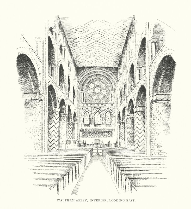 Waltham Abbey, interiér, pohled na východ (litografie) od Duncan Moul