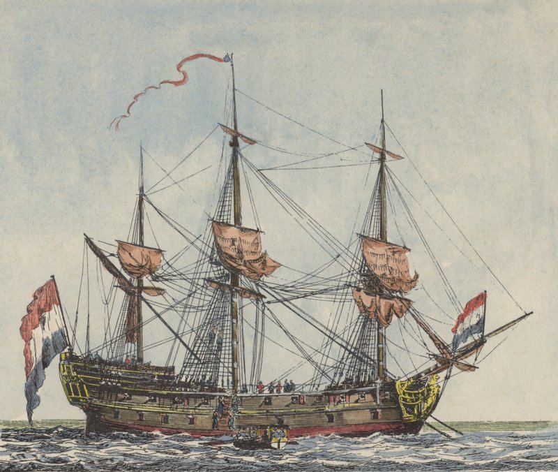 Loď holandské Východoindické společnosti (barevná rytina) od Dutch School