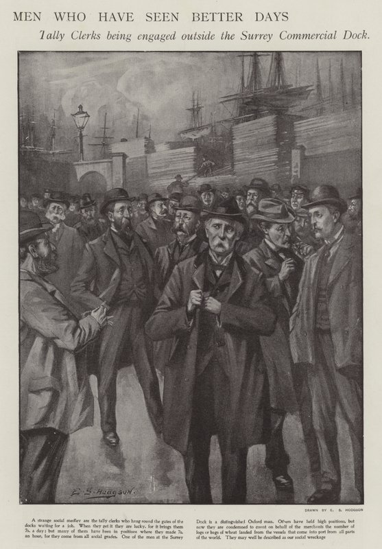 Muži, kteří viděli lepší časy: úředníci se zabývají mimo Surrey Commercial Dock, Londýn (litho) od E. S. (after) Hodgson
