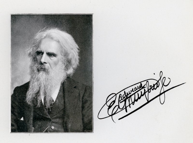 Eadweard Muybridge, portrét a podpis (černobílá fotografie) od Eadweard Muybridge