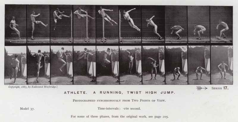 Lidská postava v pohybu: Atlet, běhající, twist vysoký skok (černobílá fotografie) od Eadweard Muybridge