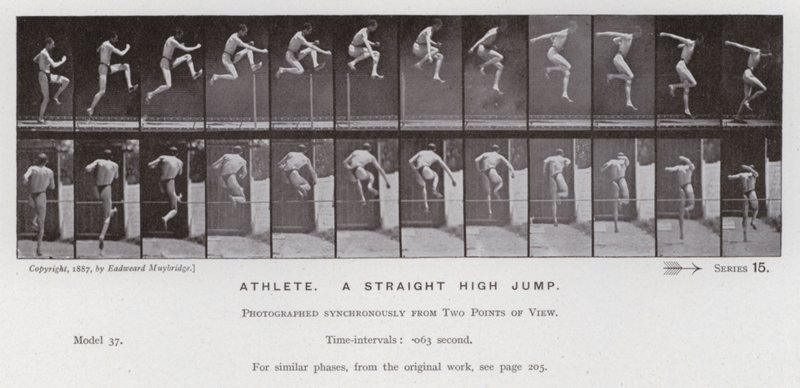 Lidská postava v pohybu: Sportovec, přímý skok do výšky (černobílá fotografie) od Eadweard Muybridge