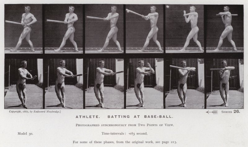Lidská postava v pohybu: Sportovec, odpalování u baseballu (černobílá fotografie) od Eadweard Muybridge