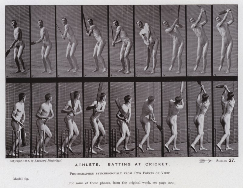 Lidská postava v pohybu: Atlet, odpaluje v kriketu (č/b foto) od Eadweard Muybridge