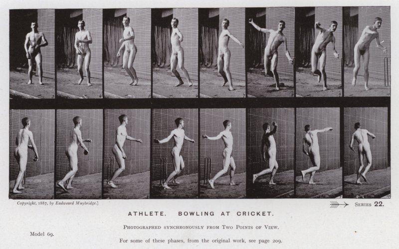 Lidská postava v pohybu: Sportovec, bowling v kriketu (č/b foto) od Eadweard Muybridge