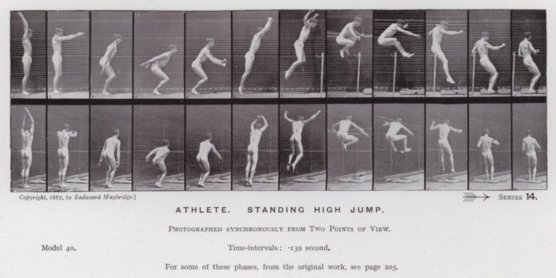 Lidská postava v pohybu: Sportovec, skok vysoký ve stoje od Eadweard Muybridge