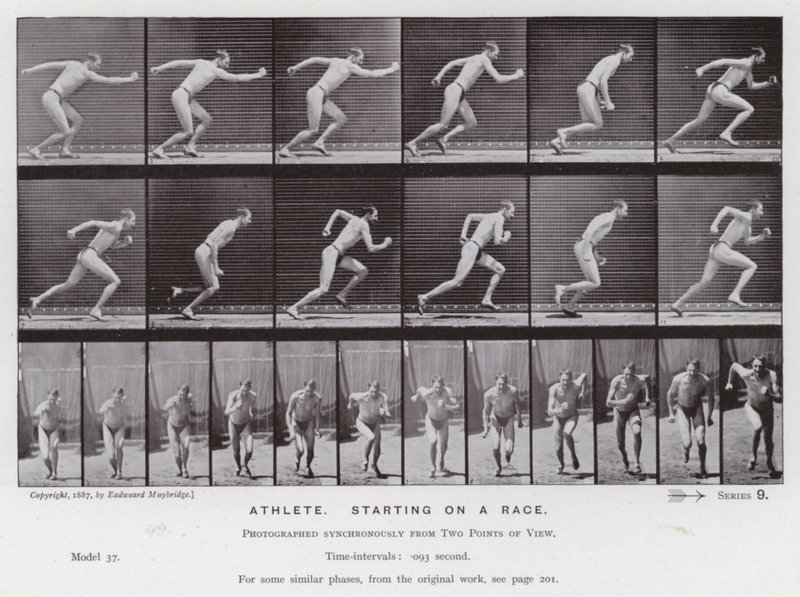 Lidská postava v pohybu: Sportovec, startující na závodě (č/b foto) od Eadweard Muybridge