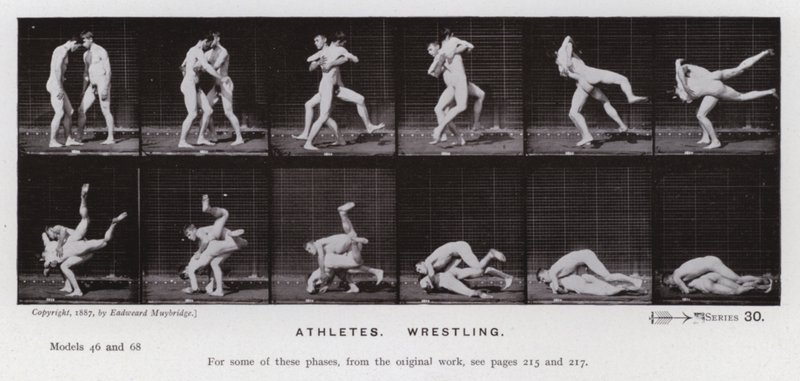 Lidská postava v pohybu: Sportovci, zápas (č/b foto) od Eadweard Muybridge