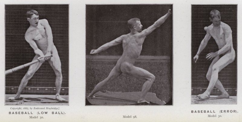 Lidská postava v pohybu: Baseball, nízký míč; Baseball, chyba (černobílá fotografie) od Eadweard Muybridge