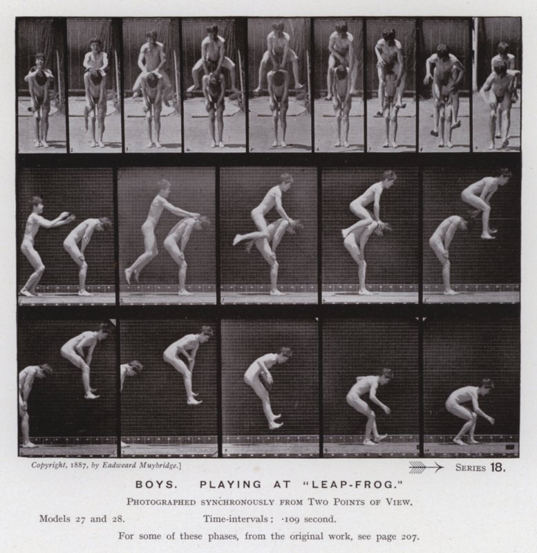 Lidská postava v pohybu: Chlapci, hrající v "Leap-Frog" (č/b foto) od Eadweard Muybridge