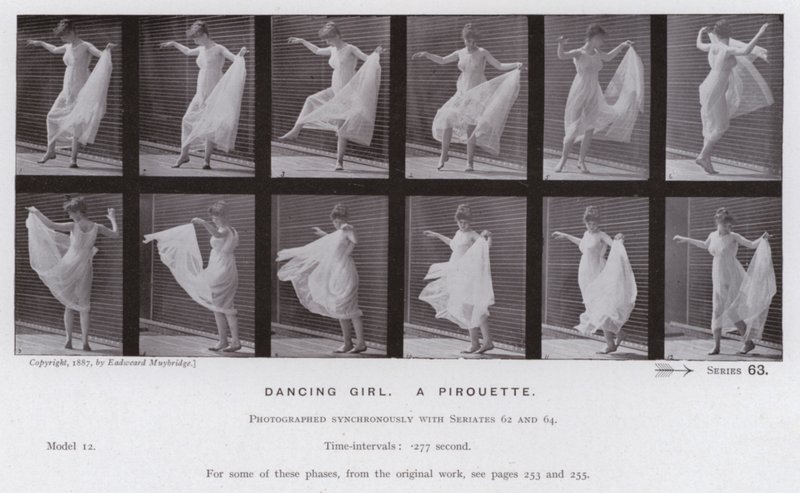 Lidská postava v pohybu: Tančící dívka, pirueta (č/b foto) od Eadweard Muybridge