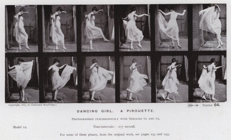 Lidská postava v pohybu: Tančící dívka, pirueta (č/b foto) od Eadweard Muybridge