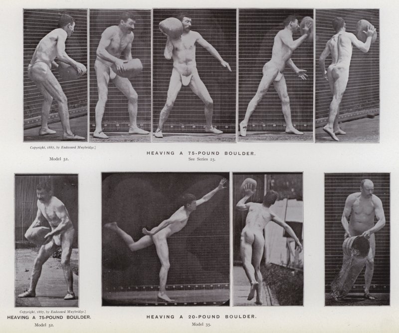 Lidská postava v pohybu: Zvednutí 75 liber těžkého balvanu; Ztěžování 20ti kilového balvanu (černobílá fotografie) od Eadweard Muybridge