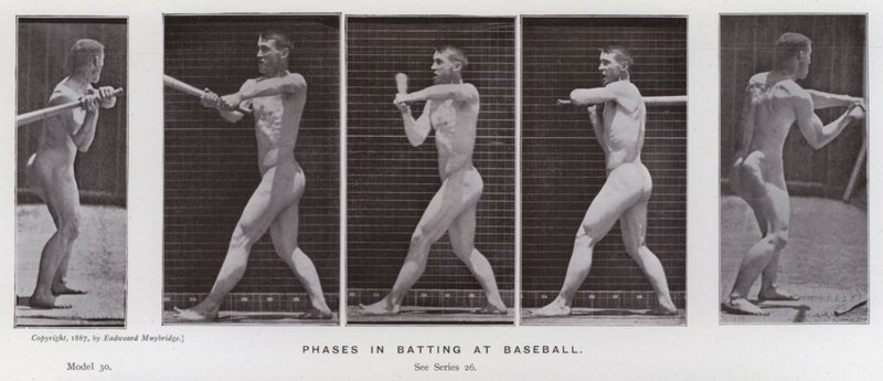 Lidská postava v pohybu: Fáze odpalování v baseballu (černobílá fotografie) od Eadweard Muybridge