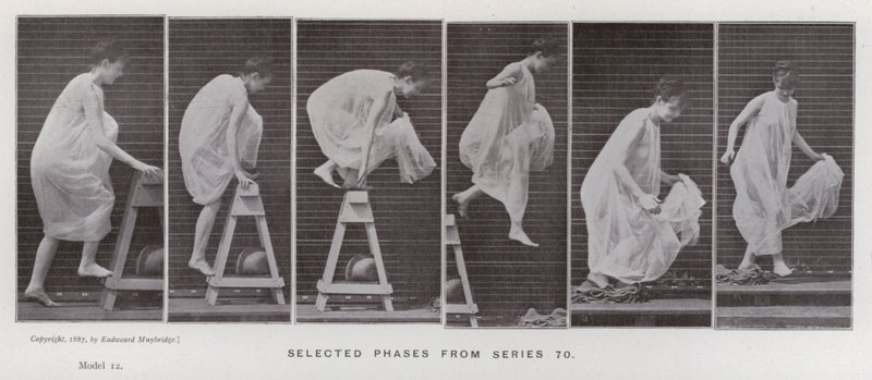 Lidská postava v pohybu: Vybrané fáze ze série 70 (černobílá fotografie) od Eadweard Muybridge