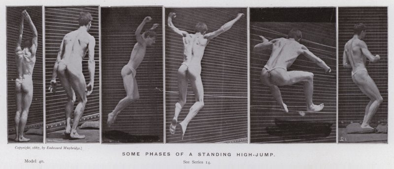 Lidská postava v pohybu: Některé fáze skoku do výšky ve stoje od Eadweard Muybridge