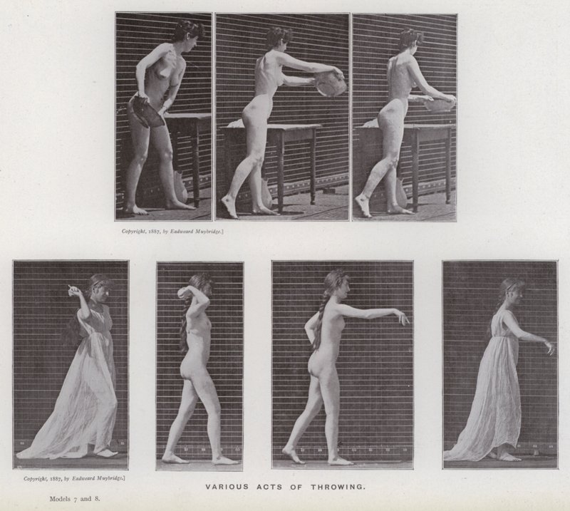 Lidská postava v pohybu: Různé házení (č/b foto) od Eadweard Muybridge