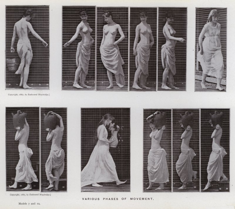 Lidská postava v pohybu: Různé fáze pohybu (černobílá fotografie) od Eadweard Muybridge