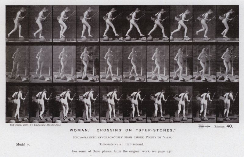 Lidská postava v pohybu: Žena, křížení na „nástupních kamenech“ (černobílá fotografie) od Eadweard Muybridge
