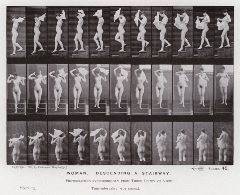 Lidská postava v pohybu: Žena sestupuje po schodech (č/b foto) od Eadweard Muybridge