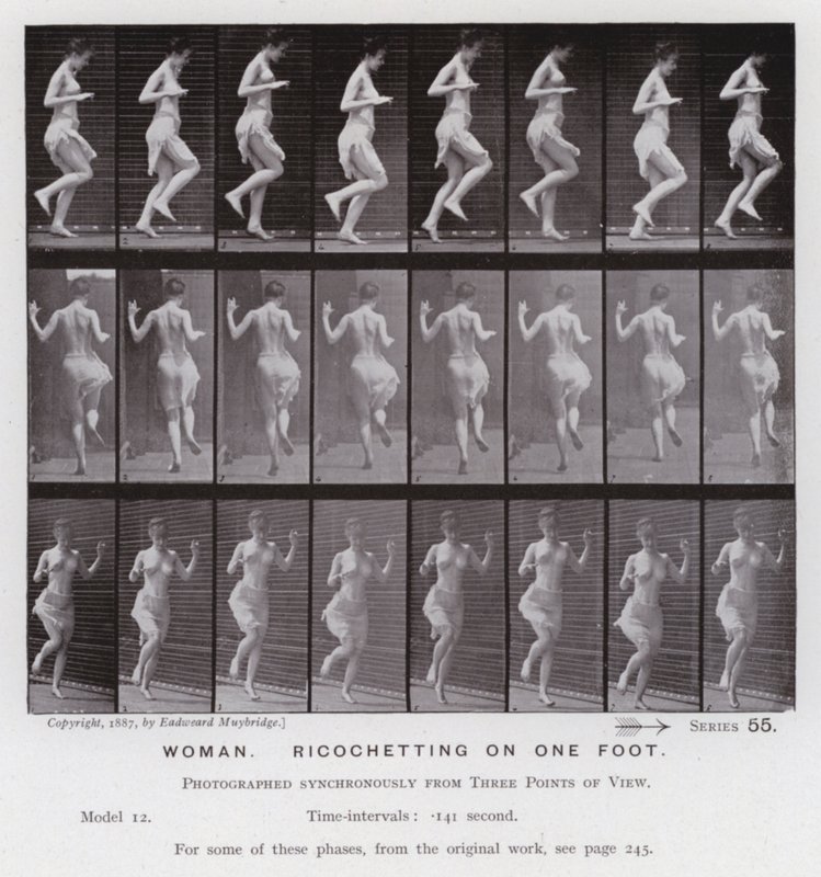 Lidská postava v pohybu: Žena, odrazující se na jedné noze (černobílá fotografie) od Eadweard Muybridge