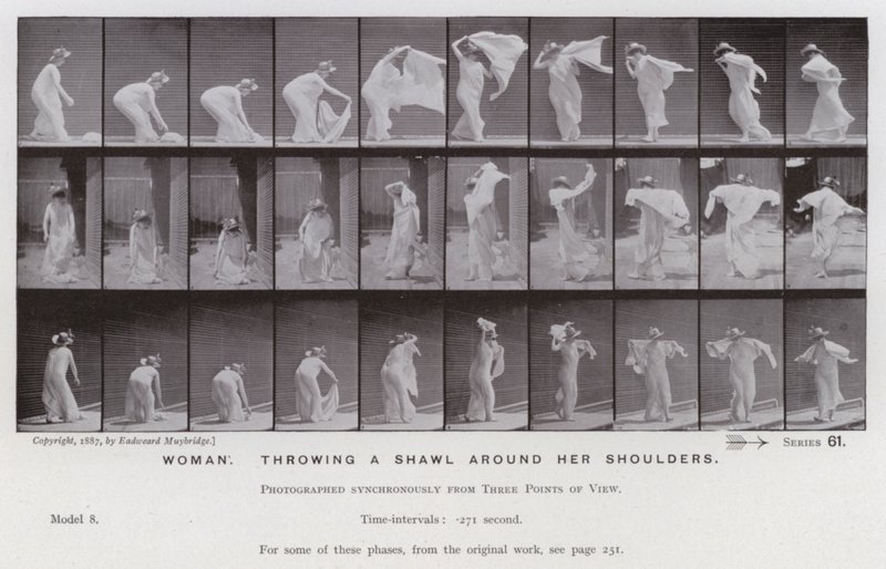 Lidská postava v pohybu: Žena, házející šátek kolem ramen (černobílá fotografie) od Eadweard Muybridge