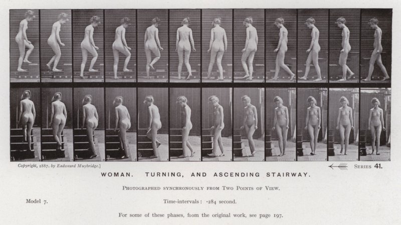 Lidská postava v pohybu: Žena, otáčející se a stoupající schodiště (černobílá fotografie) od Eadweard Muybridge