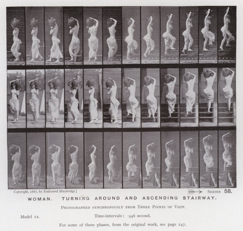 Lidská postava v pohybu: Žena, otáčející se a stoupající po schodech (č/b foto) od Eadweard Muybridge