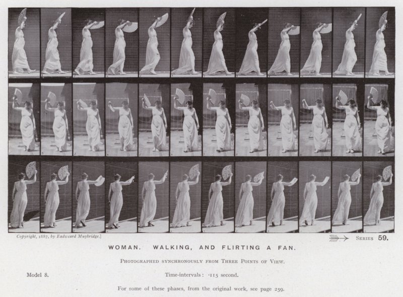 Lidská postava v pohybu: Žena chodí a flirtuje s fanouškem (černobílá fotografie) od Eadweard Muybridge
