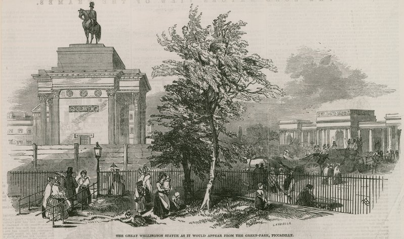 Velká Wellingtonova socha a oblouk, jak se jeví z Green Parku na Piccadilly. od Ebenezer Landells