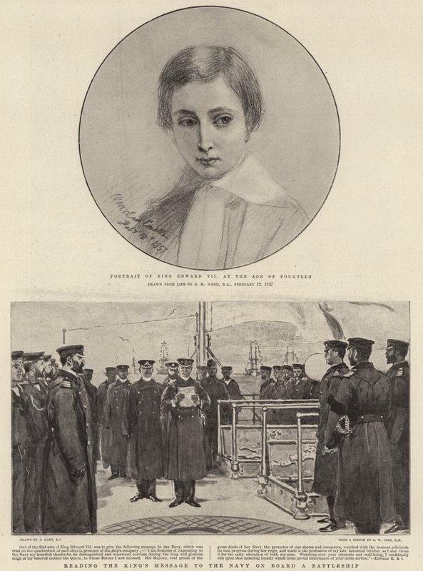 Portrét čtrnáctiletého krále Eduarda VII., jak na palubě bitevní lodi čte královské poselství námořnictvu od Edgar Melville Ward