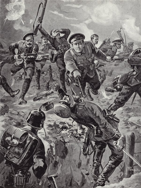 Desátník Joseph Davies a osm mužů, kteří s bajonety v ruce odráží skupinu Němců, kteří je předtím obklíčili, Delvillský les, Francie, 20. července 1916. od Edgar Alfred Holloway