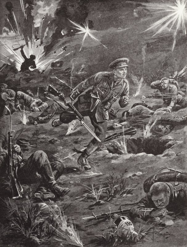 Poručík Benjamin Geary spěchá pod silnou střelbou do zákopu napravo od kopce 60, aby se dostal do kontaktu s důstojníkem, Ypres, Belgie, duben 1915 od Edgar Alfred Holloway