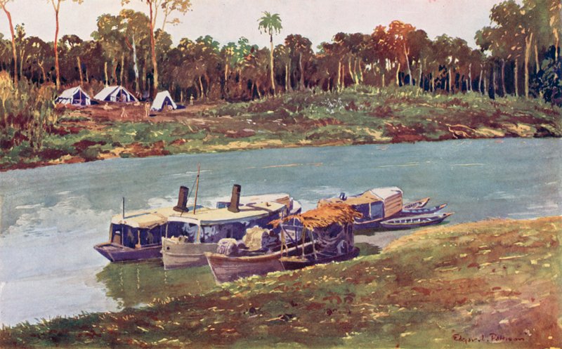 Vojenský tábor na dosahu Horní Amazonky, tři tisíce mil od moře (barva litho) od Edgar L. Pattison