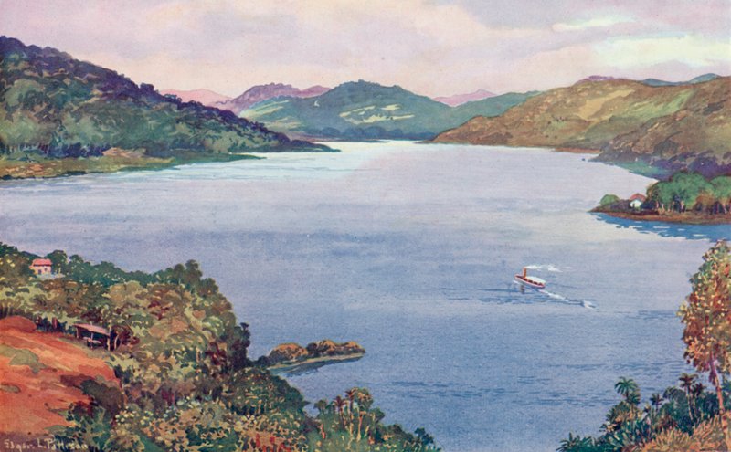Pohled na velké umělé jezero v Ribeirao das Lajes, postavené společností Rio de Janeiro Tramway, Light and Power Company (barevné lito) od Edgar L. Pattison