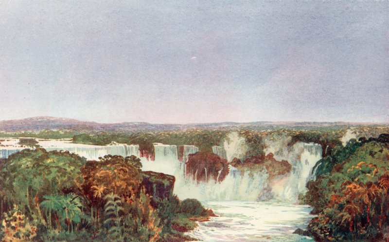 Částečný pohled na vodopády Iguassu, křižovatka Brazílie, Paraguaye a Argentiny, přiblížená ze severu systémem Brazilské železniční společnosti (barevně lito) od Edgar L. Pattison