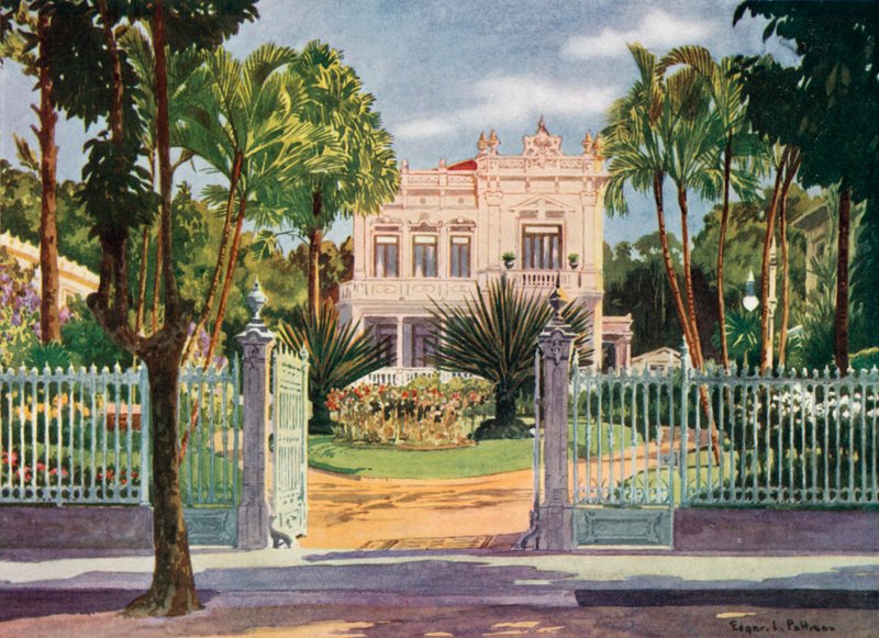 Rezidence hraběte Paulo de Frontin, Petropolis (barevné lito) od Edgar L. Pattison