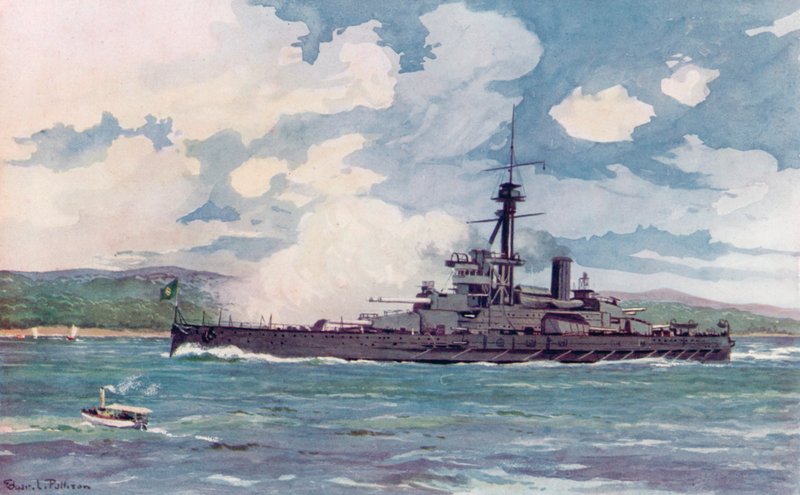 Brazilský Super-Dreadnought "Minas Geraes" se blíží k Riu (barevné lito) od Edgar L. Pattison