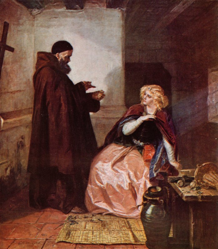 Shakespeare: Julie a mnich Laurence, Romeo a Julie, dějství IV, scéna 1 (barevné lito) od Edgar Melville (after) Ward