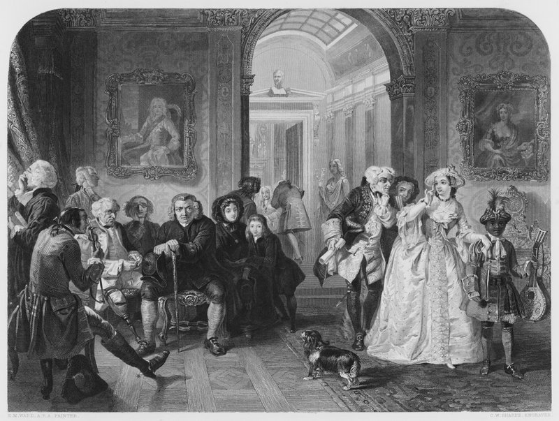Dr Johnson v předsíni lorda Chesterfielda, z obrázku v galerii Vernon od Edgar Melville after Ward